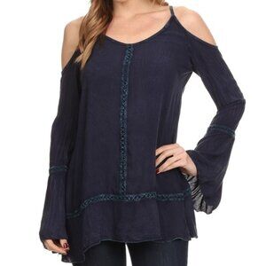 NWT T Party Navy Vintage Wash Cold Shoulder Bell Sleeve Top Medium